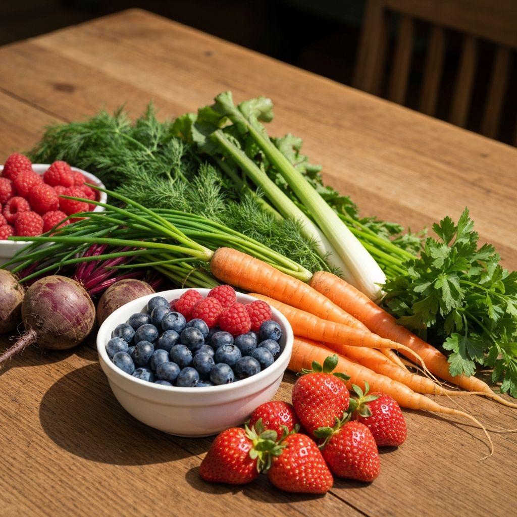 Northern European seasonal fresh produce including berries and root vegetables