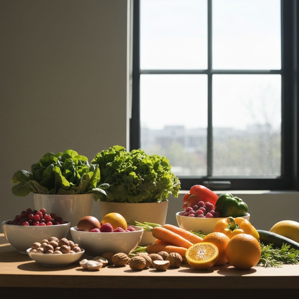 Colorful vegetables and fruits showing vitamin-rich foods